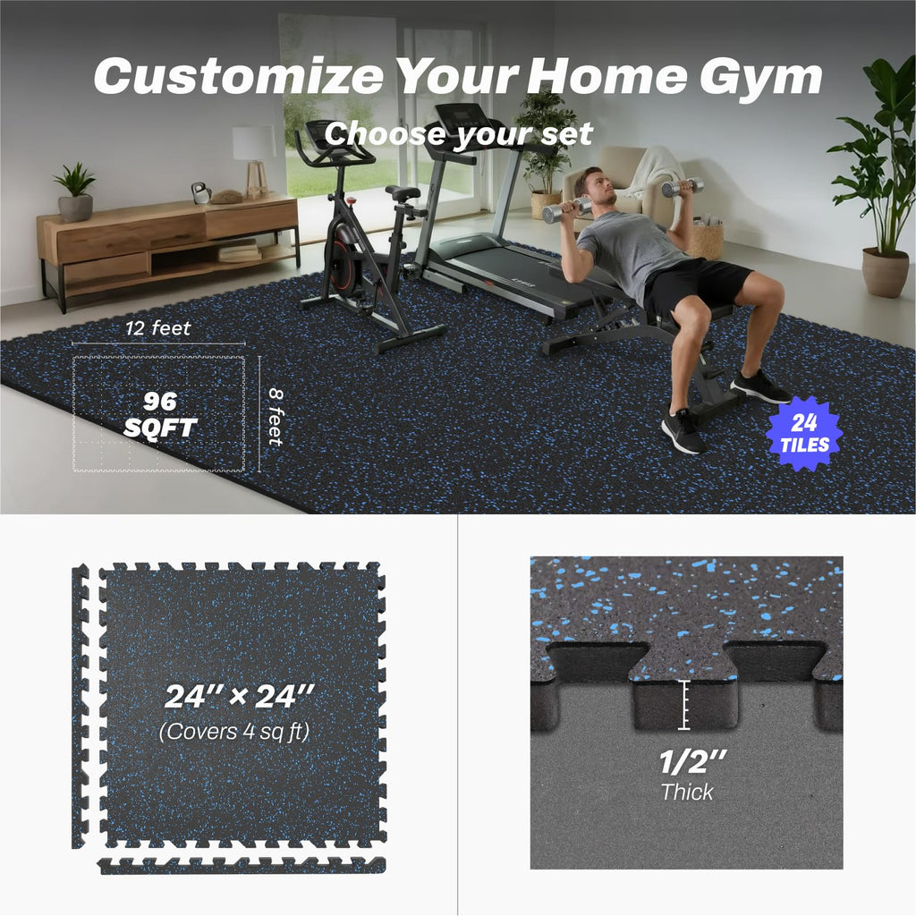 AIRHOP 1/2" Thick 48 Sq Ft Gym Flooring for Home Gym, Rubber Top Gym Mats