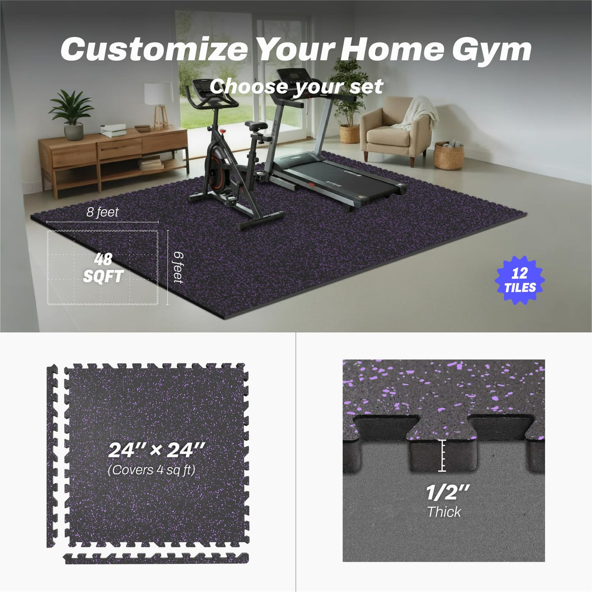 AIRHOP 1/2" Thick 48 Sq Ft Gym Flooring for Home Gym, Rubber Top Gym Mats