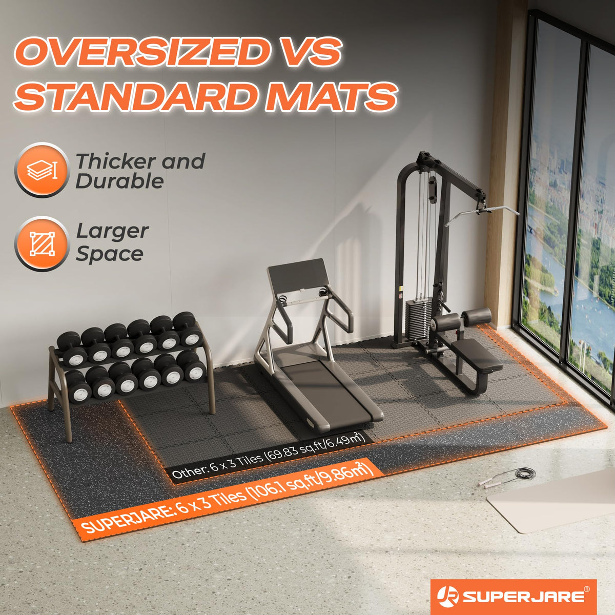 SUPERJARE 30" x 30" Larger Rubber Top Exercise Equipment Mats, 0.56" Thick 12PCS 75 Sq Ft High-Density EVA Foam Interlocking Gym Flooring, Big Workout Mat for Home Gym, Floor Protection, Black/Grey