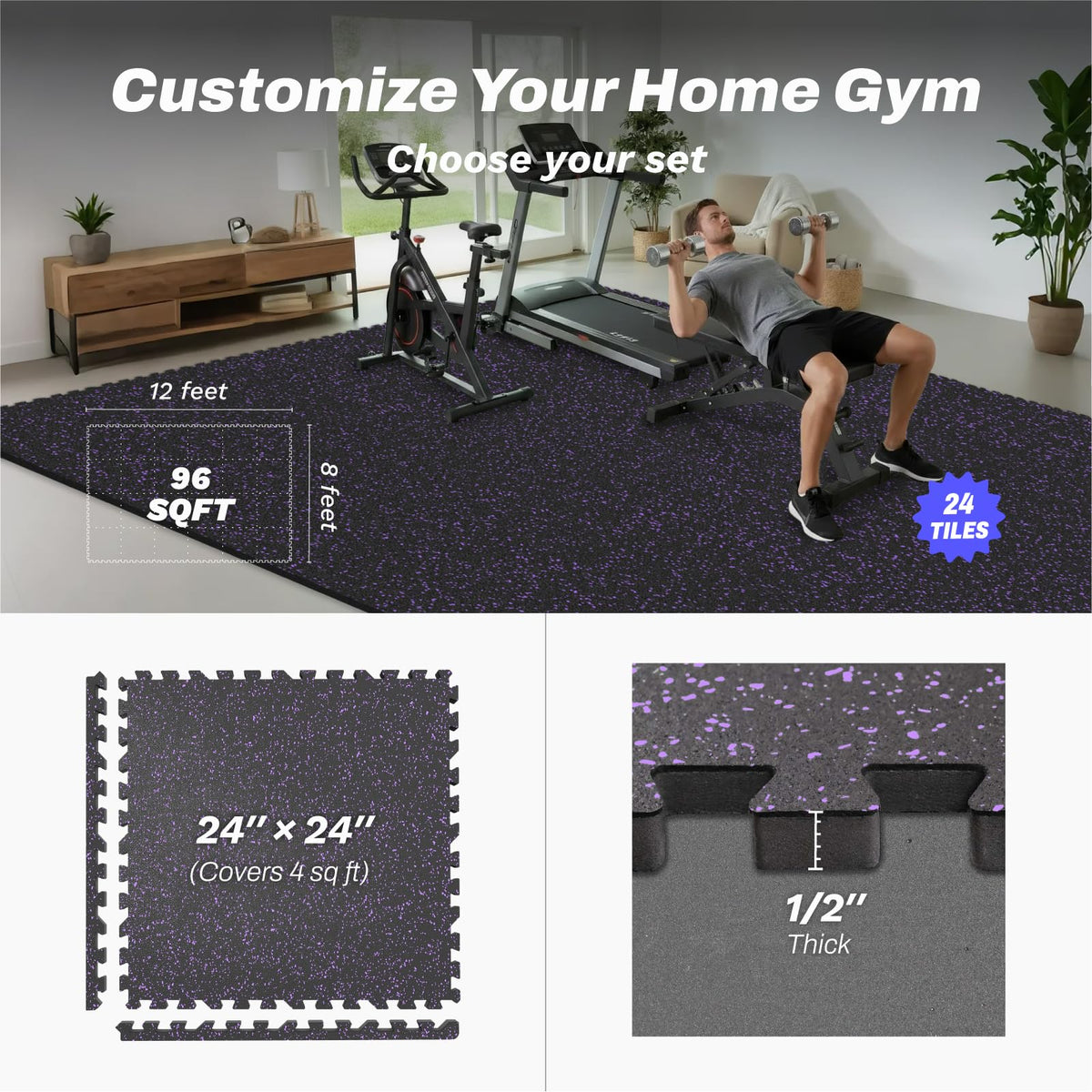 AIRHOP 1/2" Thick 48 Sq Ft Gym Flooring for Home Gym, Rubber Top Gym Mats