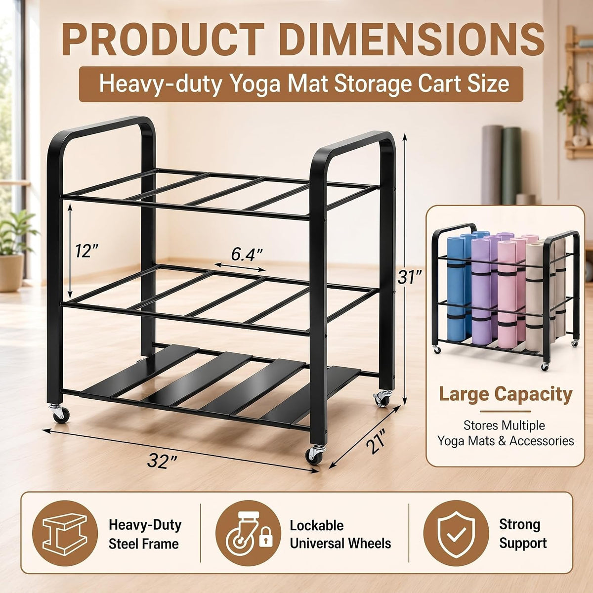 32'' x 21'' x 31'' Yoga Mat Storage Cart with Wheels, Floor Metal Gym Foam Rollers Storage Organizer, Yoga Mat Holder Basket for Commercial and Home Gym Accessories