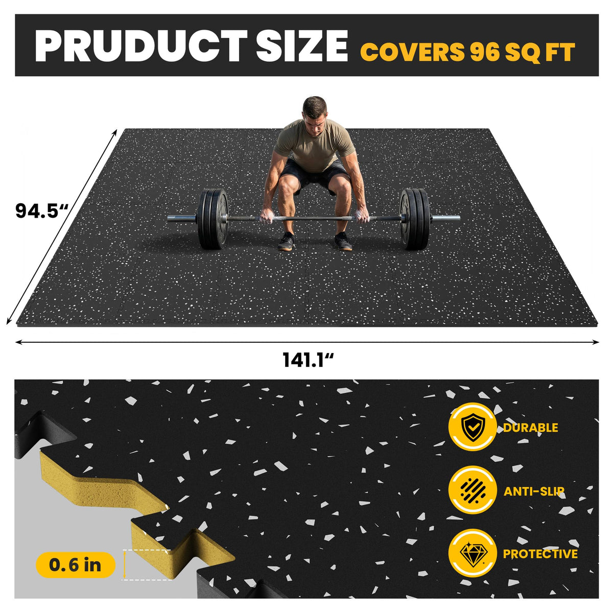 0.6" Thick Rubber Top Exercise Mat, Interlocking Puzzle Gym Flooring Mat