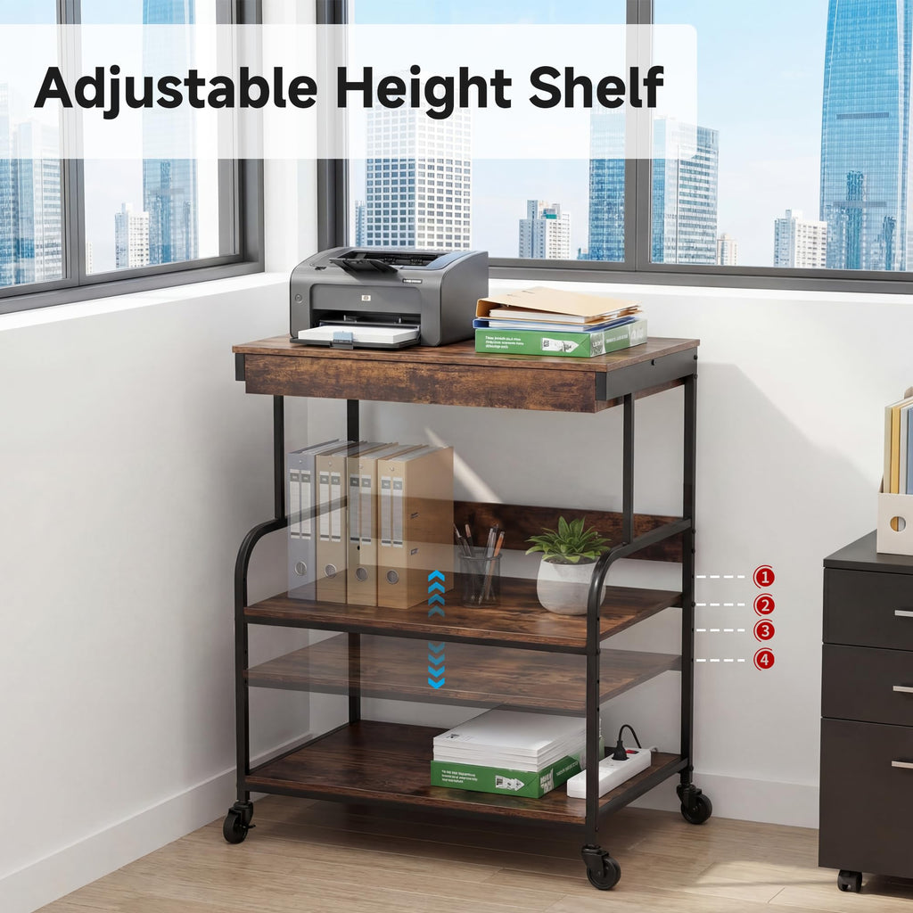 Tall Printer Stand with Charging Station, 4-Tier Mobile Cart, White