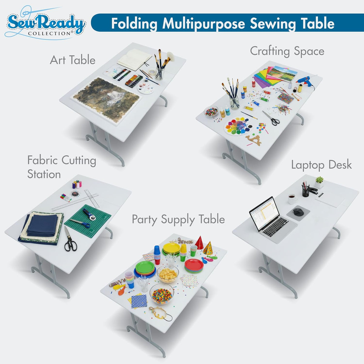 Sew Ready Folding Multipurpose Sewing Table - 47.5" W x 28" D Foldable White Hobby and Sewing Machine Table with Adjustable Shelf - Can Also Be Used as Computer Desk