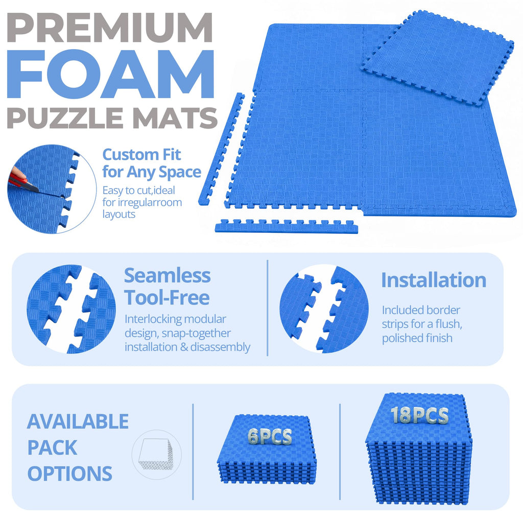 HulkFit Puzzle Exercise Mat, 1 Inch EVA Interlocking Foam Floor Tiles Workout Mat for Home Gym Equipment, MMA, Gymnastics, Shock-Absorbing Workout Mat for Garage Flooring and Apartments, 18 Tiles