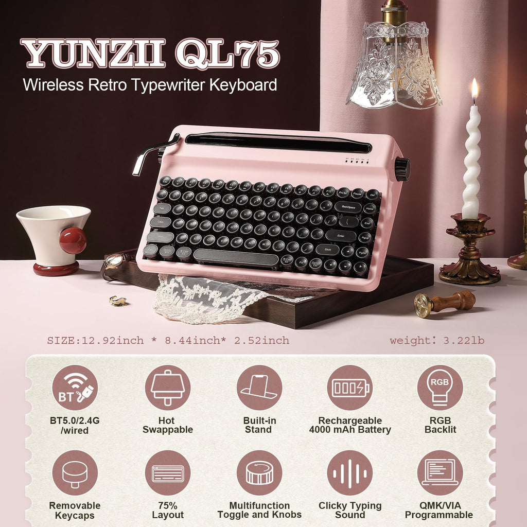 YUNZII QL75 Retro Typewriter Hot Swap RGB Keyboard (Green, Cocoa V2)