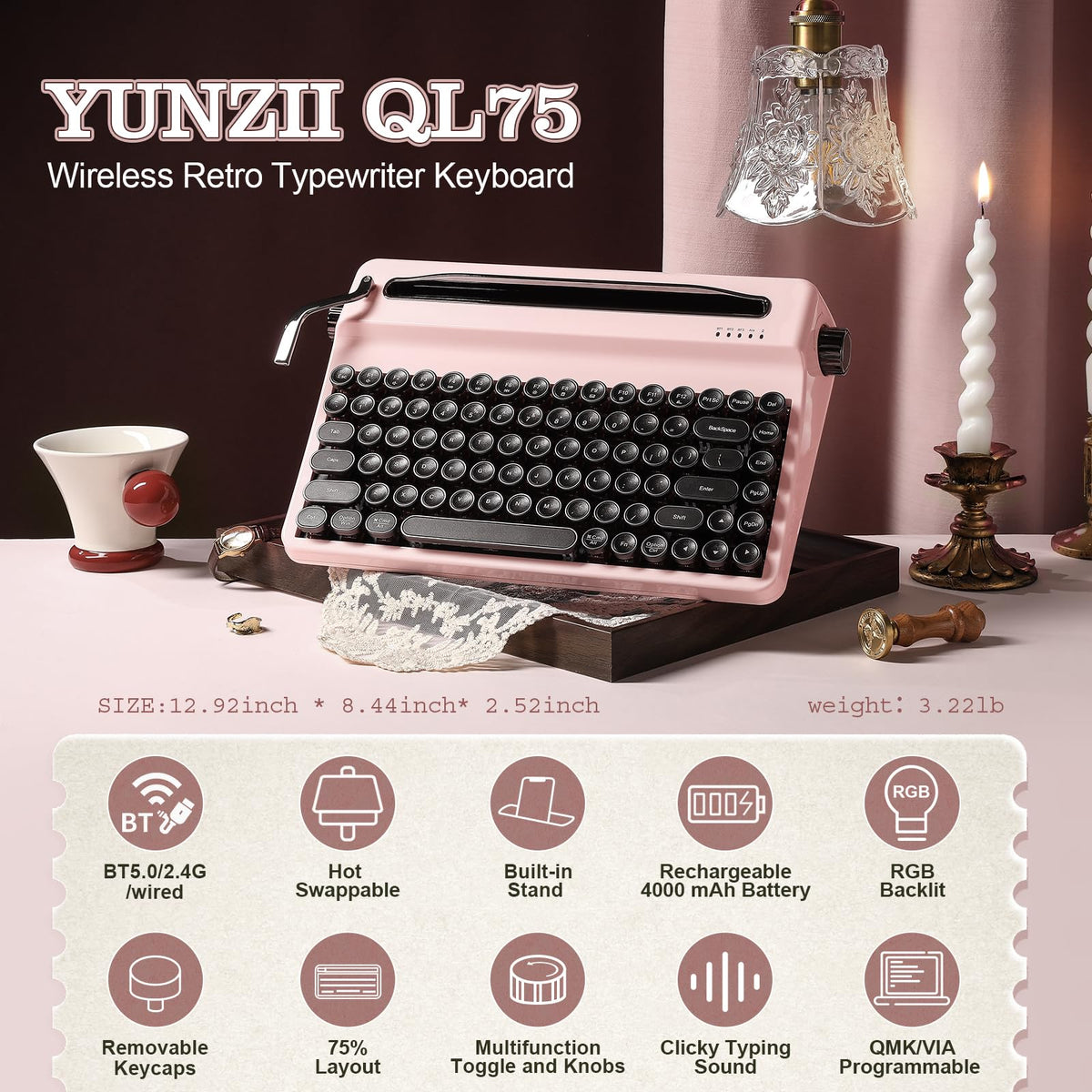 YUNZII QL75 Retro Typewriter Hot Swap RGB Keyboard (Green, Cocoa V2)