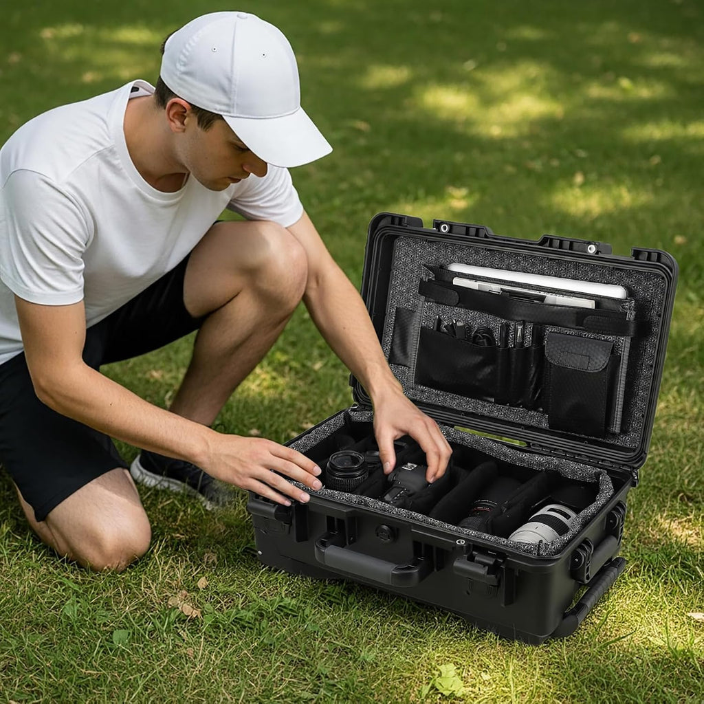 Heavy Duty Waterproof Camera Case for Diving and Outdoor Water Sports â Dustproof, Impact Resistant Dry Box with Padded Dividers, Wheels, 22â x 14â x 9â â Includes Document Bag & Camera Insert