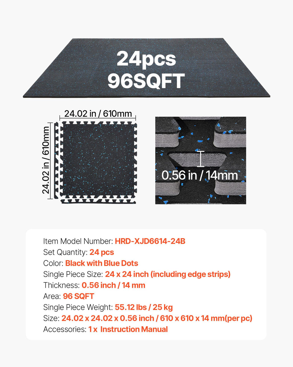 VEVOR 0.56Inch 96sq.ft 24 Tiles Gym Flooring for Home Gym, Rubber Top with High Density EVA Foam, 24 x 24In Gym Floor Exercise Equipment Mats, Interlocking Gym Mats, Puzzle Workout Mats, Black & Gray