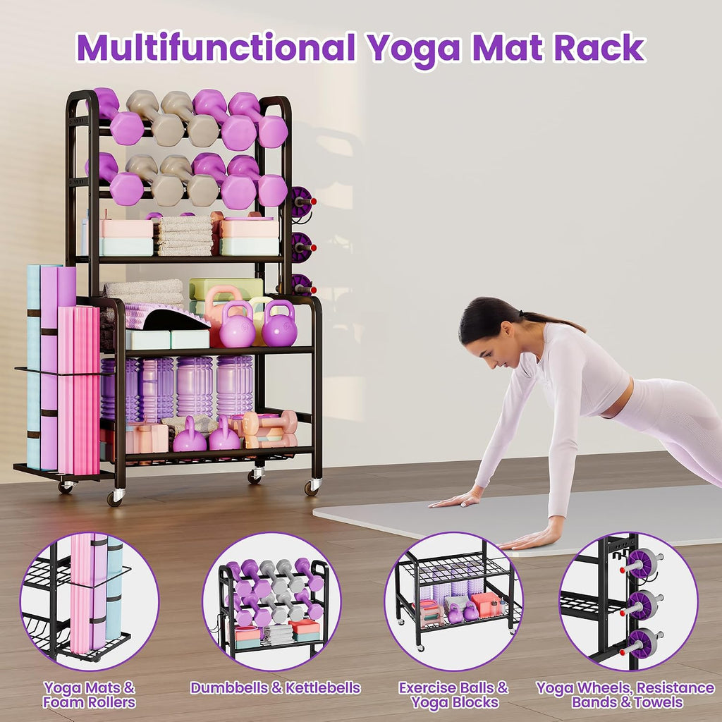 Homeiju Dumbbell Rack, Weight Rack for Home Gym, Yoga Mat Storage Holder with Lockable Wheels, Dumbbell Stand with Hooks, All in One Work out Equipment Storage for Yoga Mat Dumbbell and Balls