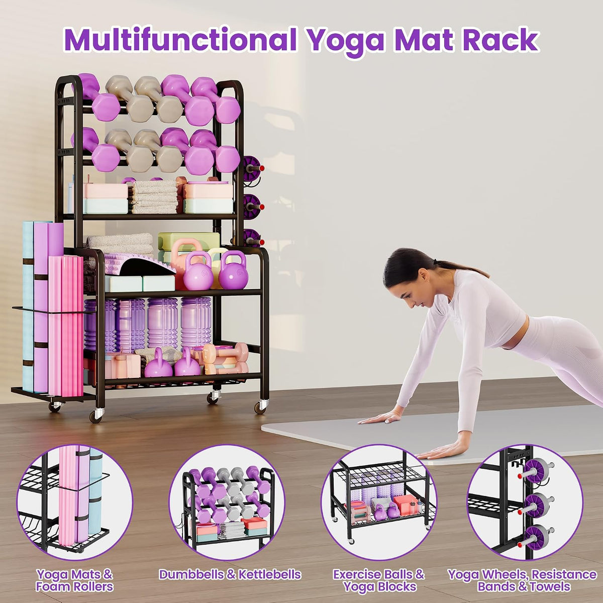 Homeiju Dumbbell Rack, Weight Rack for Home Gym, Yoga Mat Storage Holder with Lockable Wheels, Dumbbell Stand with Hooks, All in One Work out Equipment Storage for Yoga Mat Dumbbell and Balls