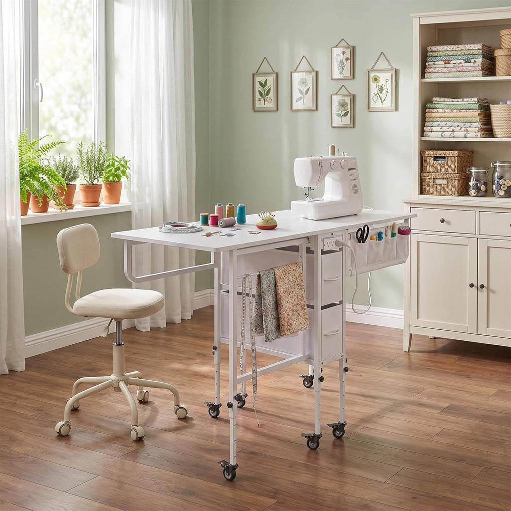 Furnaza 56.7" Foldable Wheeled Sewing Craft Table with Charging Station