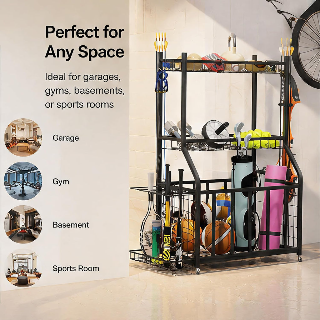 Ball Storage Rack Garage Sports Equipment Organizer with Hooks,Black