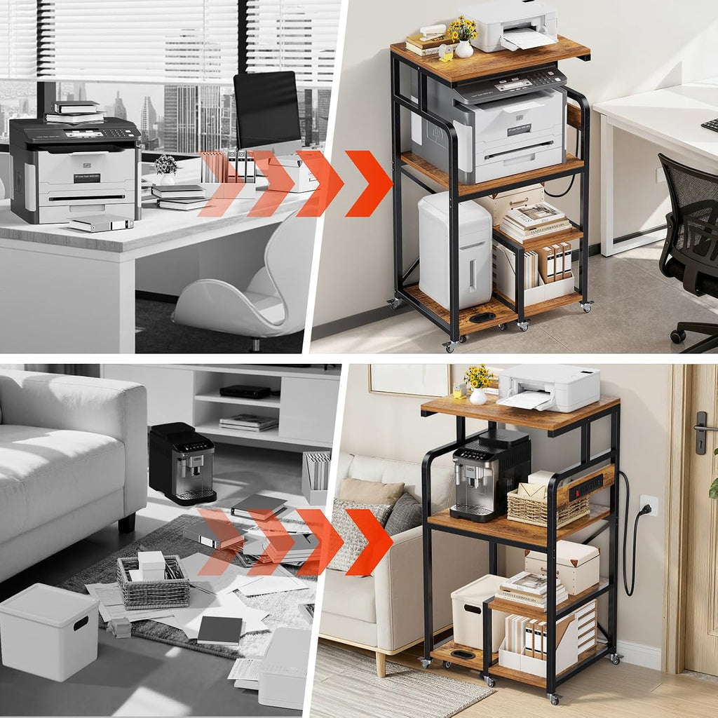 POKIPO 4 Tier Large Printer Stand Table with Power Outlet Adjustable Shelf