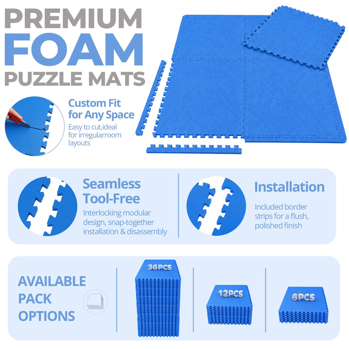 HulkFit Puzzle Exercise Mat, 1/2 Inch EVA Interlocking Foam Gym Flooring for Home Gym, Garage, Apartments, Shock-Absorbing Floor Tiles Workout Mat for Workout Equipment, MMA, Gymnastics, 36 Tiles