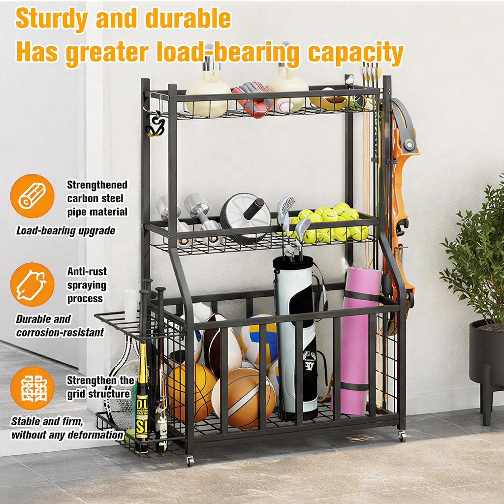 Ball Storage Rack Garage Sports Equipment Organizer with Hooks,Black