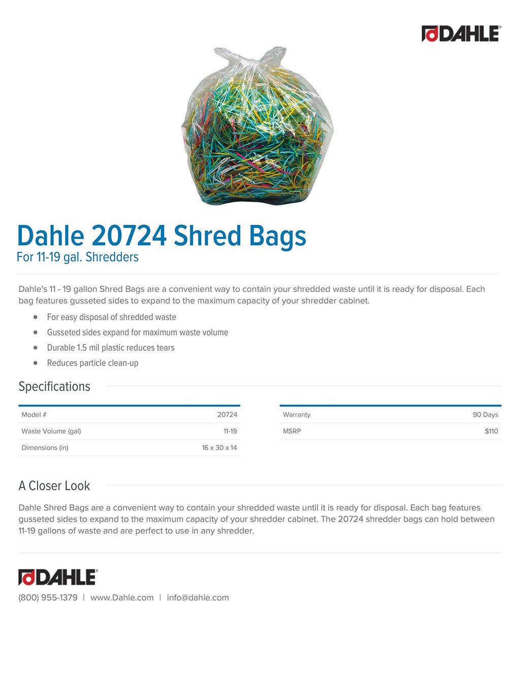 Dahle 20726 Shred Bags w/Gusseted Sides for Maximum Capacity, for Dahle 31-55 gal. Shredders (Pack of 100)