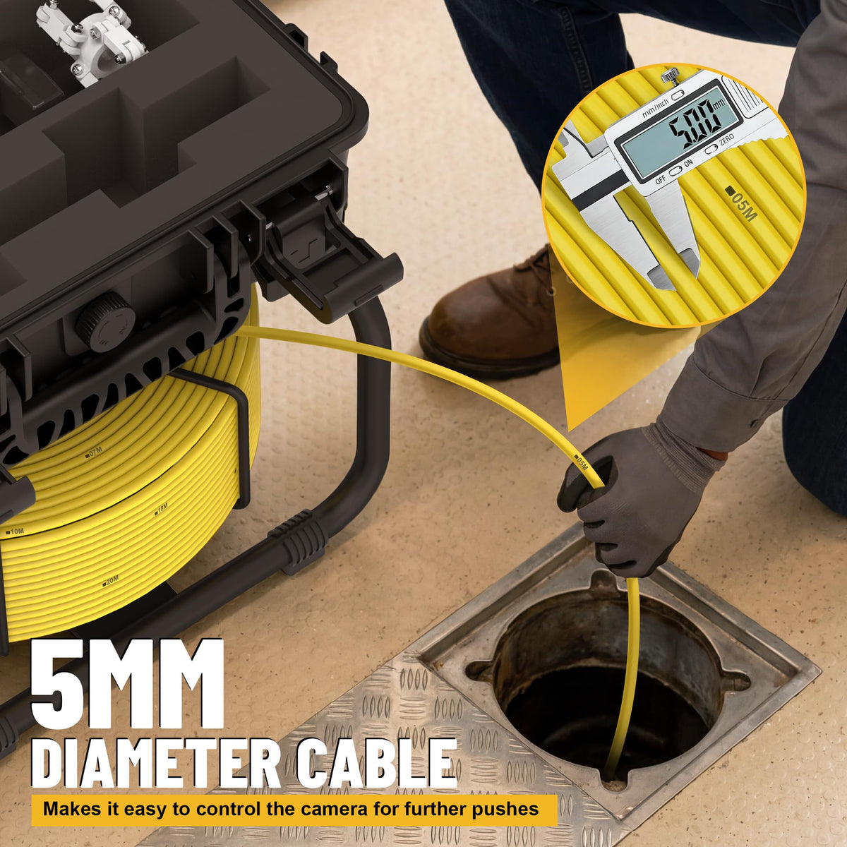 Powerwill Drain Camera with Self-Leveling, 165 ft / 50 m Sewer Pipe Inspection System, 9-Inch 1080P IPS Monitor, IP68-Rated Camera Head, 5 mm Push Cable with Meter Marking, DVR, 5X Zoom, 32GB Card
