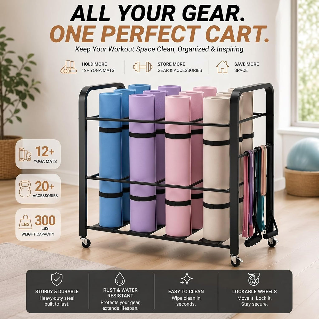 32'' x 21'' x 31'' Yoga Mat Storage Cart with Wheels, Floor Metal Gym Foam Rollers Storage Organizer, Yoga Mat Holder Basket for Commercial and Home Gym Accessories