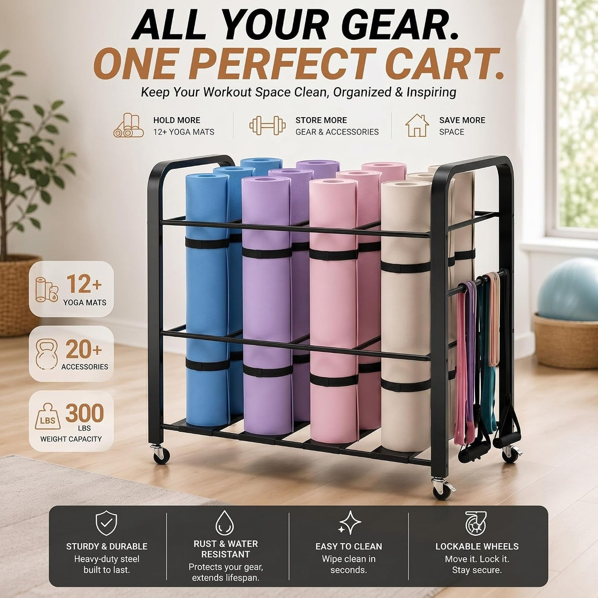 32'' x 21'' x 31'' Yoga Mat Storage Cart with Wheels, Floor Metal Gym Foam Rollers Storage Organizer, Yoga Mat Holder Basket for Commercial and Home Gym Accessories
