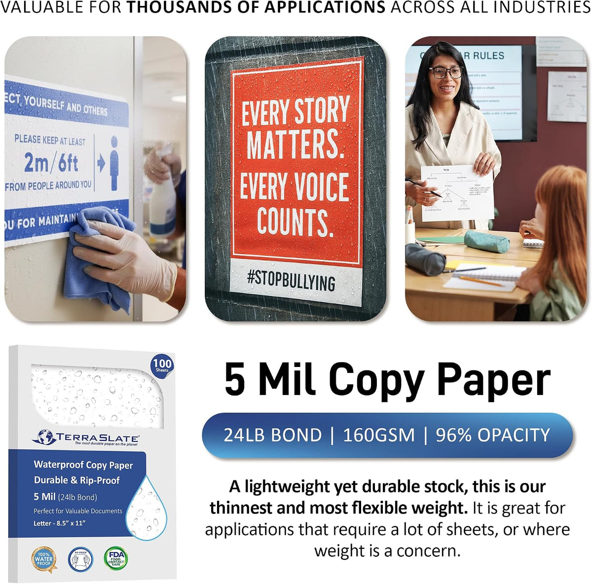TerraSlate Premium Waterproof Paper, 5 Mil 8.5â x 11â, Laser Printer & Copy Machine Compatible, Durable & Rain/Weather-Proof Copy Paper, White Paper (100 Sheets)