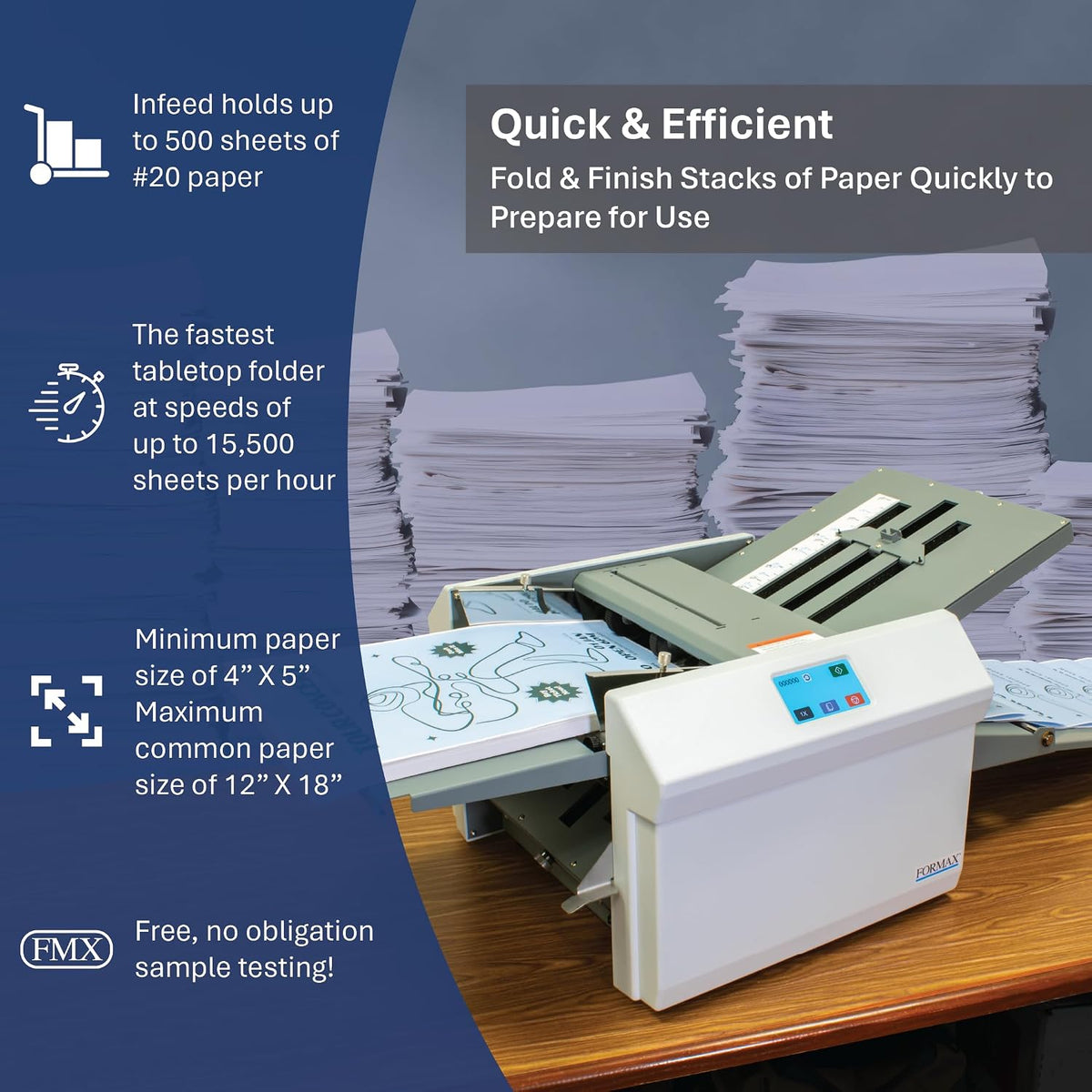 Formax FD 346 Touchscreen Desktop Office Folder with Color Touchscreen Graphics-Based, Telescoping Output Stacker, Up to 15500/h Speed, Folds Up to 12" x 18", and Adjustable Stacker Wheels