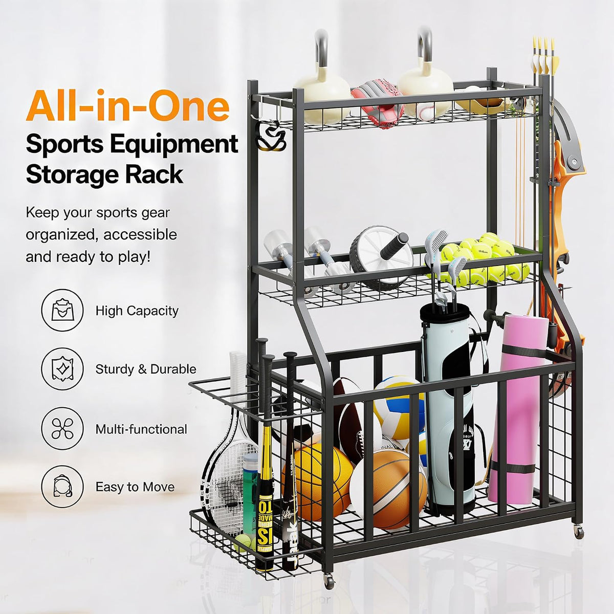 Ball Storage Rack Garage Sports Equipment Organizer with Hooks,Black
