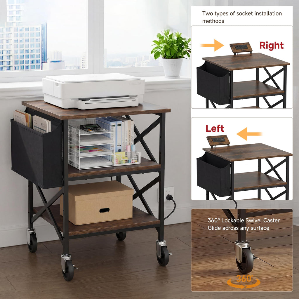 Tall Printer Stand with Charging Station, 4-Tier Mobile Cart, White