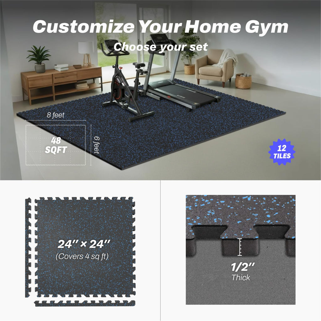 AIRHOP 1/2" Thick 48 Sq Ft Gym Flooring for Home Gym, Rubber Top Gym Mats