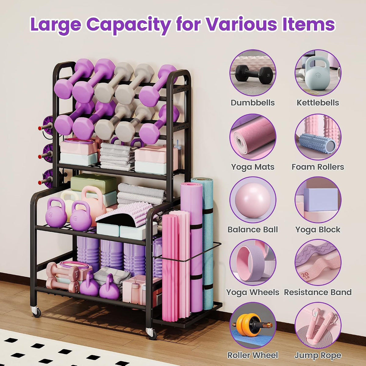 Homeiju Dumbbell Rack, Weight Rack for Home Gym, Yoga Mat Storage Holder with Lockable Wheels, Dumbbell Stand with Hooks, All in One Work out Equipment Storage for Yoga Mat Dumbbell and Balls