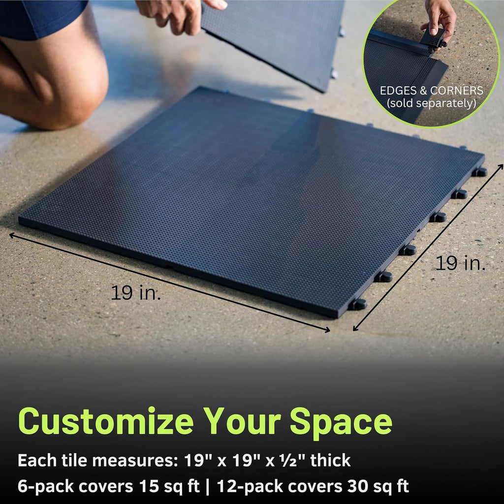Baselayer Performance Series Interlocking Floor Tiles - Durable Â½ in TPE (Rubber Like, NOT Foam, no Odor) - Gym Flooring for Weights & Heavy Equipment - Black, 15 SqFt (6 Pack) - Made in USA