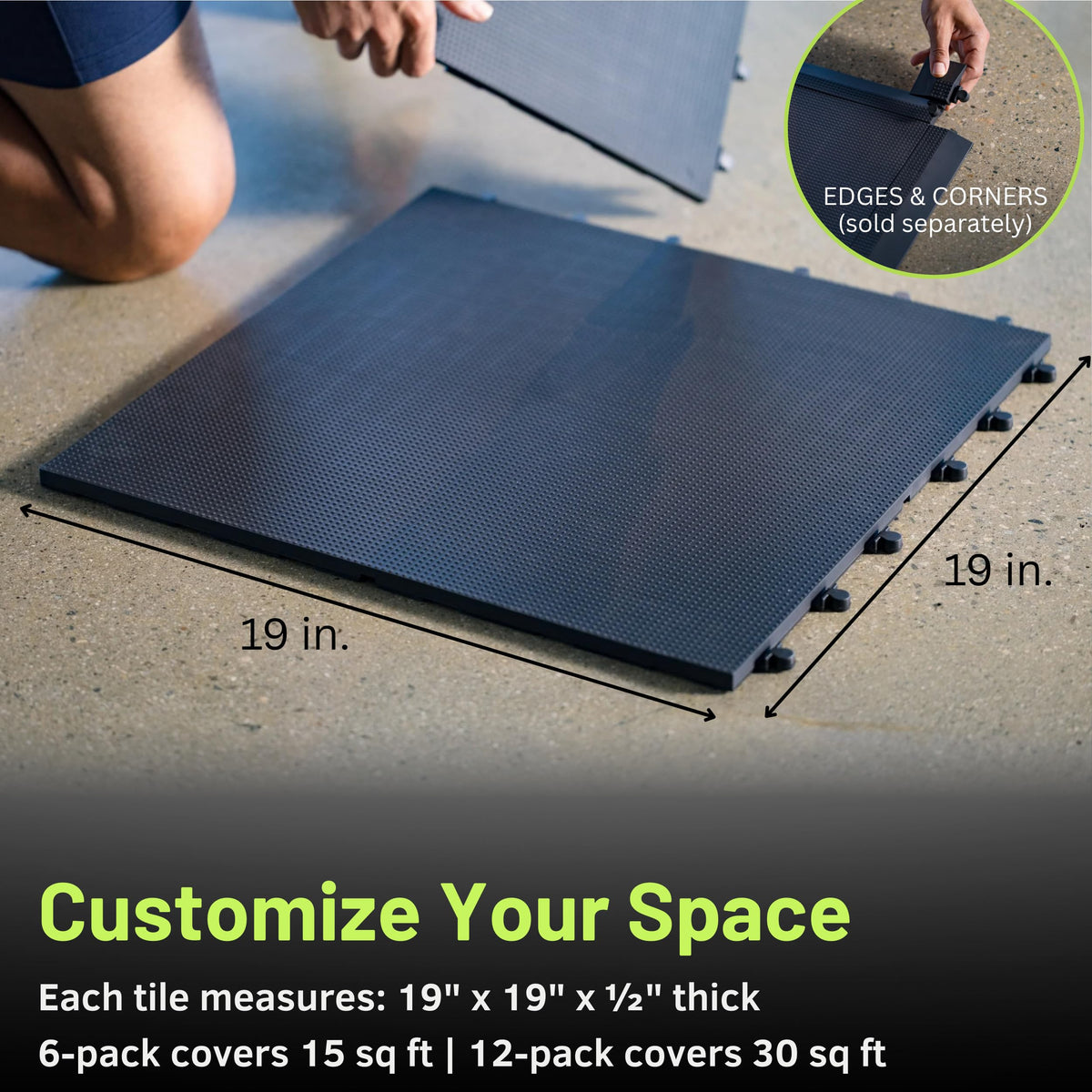 Baselayer Performance Series Interlocking Floor Tiles - Durable Â½ in TPE (Rubber Like, NOT Foam, no Odor) - Gym Flooring for Weights & Heavy Equipment - Black, 15 SqFt (6 Pack) - Made in USA