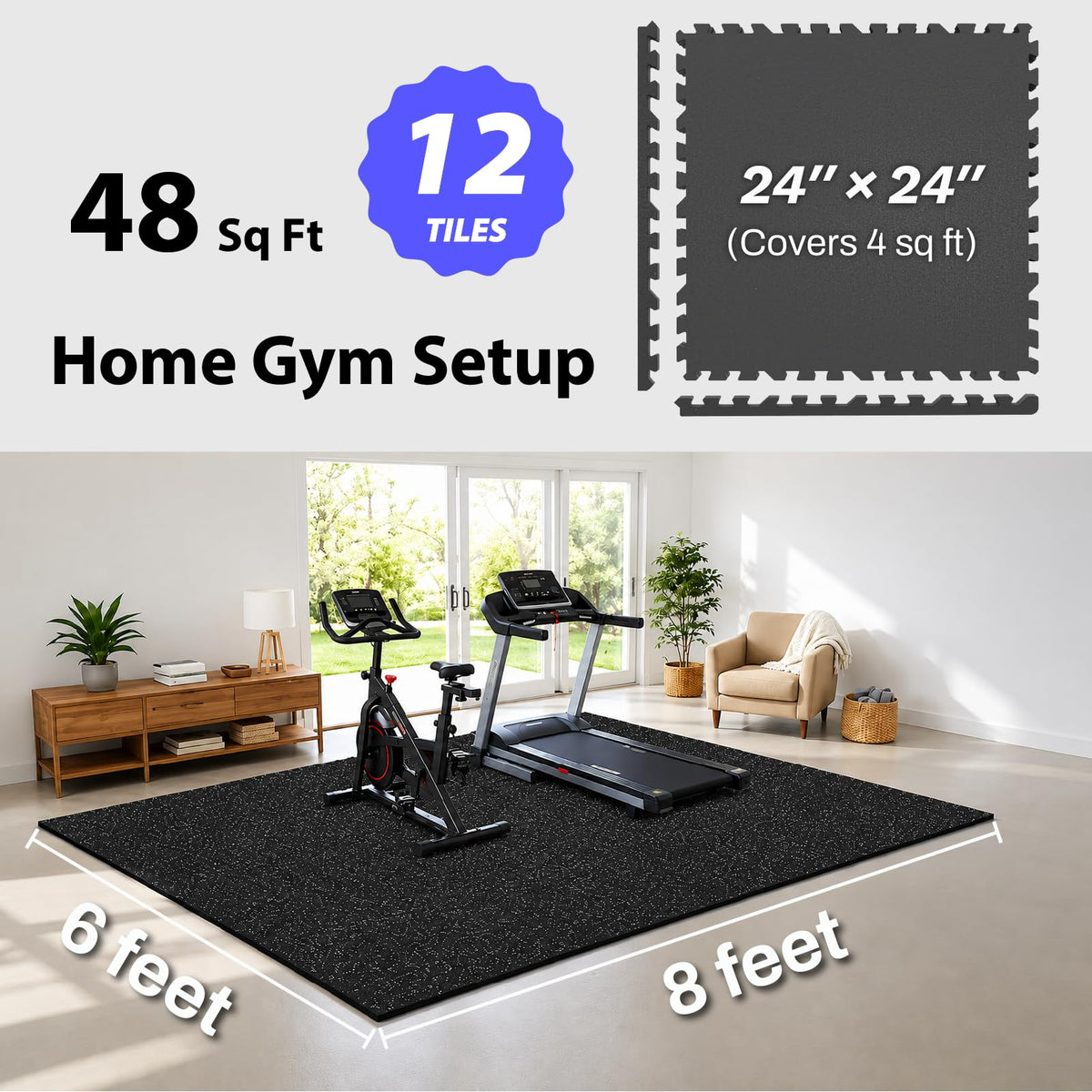 AIRHOP 1'' Ultra-Thick 48 Sq Ft Rubber Top Gym Flooring for Home Gym, 12 Tiles High Density EVA Foam Exercise Mats, Interlocking Puzzle Mats for Home Workout, Floor & Equipment Protection, Black/White