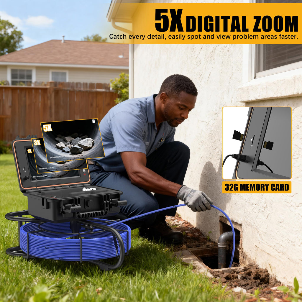 Powerwill Drain Camera with Self-Leveling, 165 ft / 50 m Sewer Pipe Inspection System, 9-Inch 1080P IPS Monitor, IP68-Rated Camera Head, 5 mm Push Cable with Meter Marking, DVR, 5X Zoom, 32GB Card