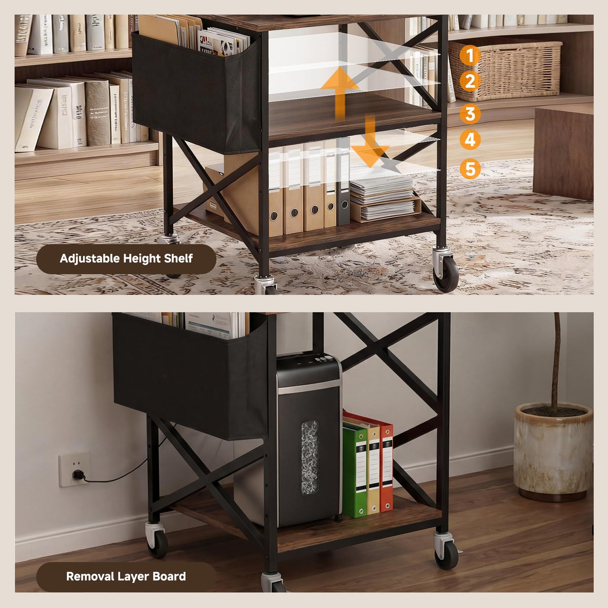 Tall Printer Stand with Charging Station, 4-Tier Mobile Cart, White