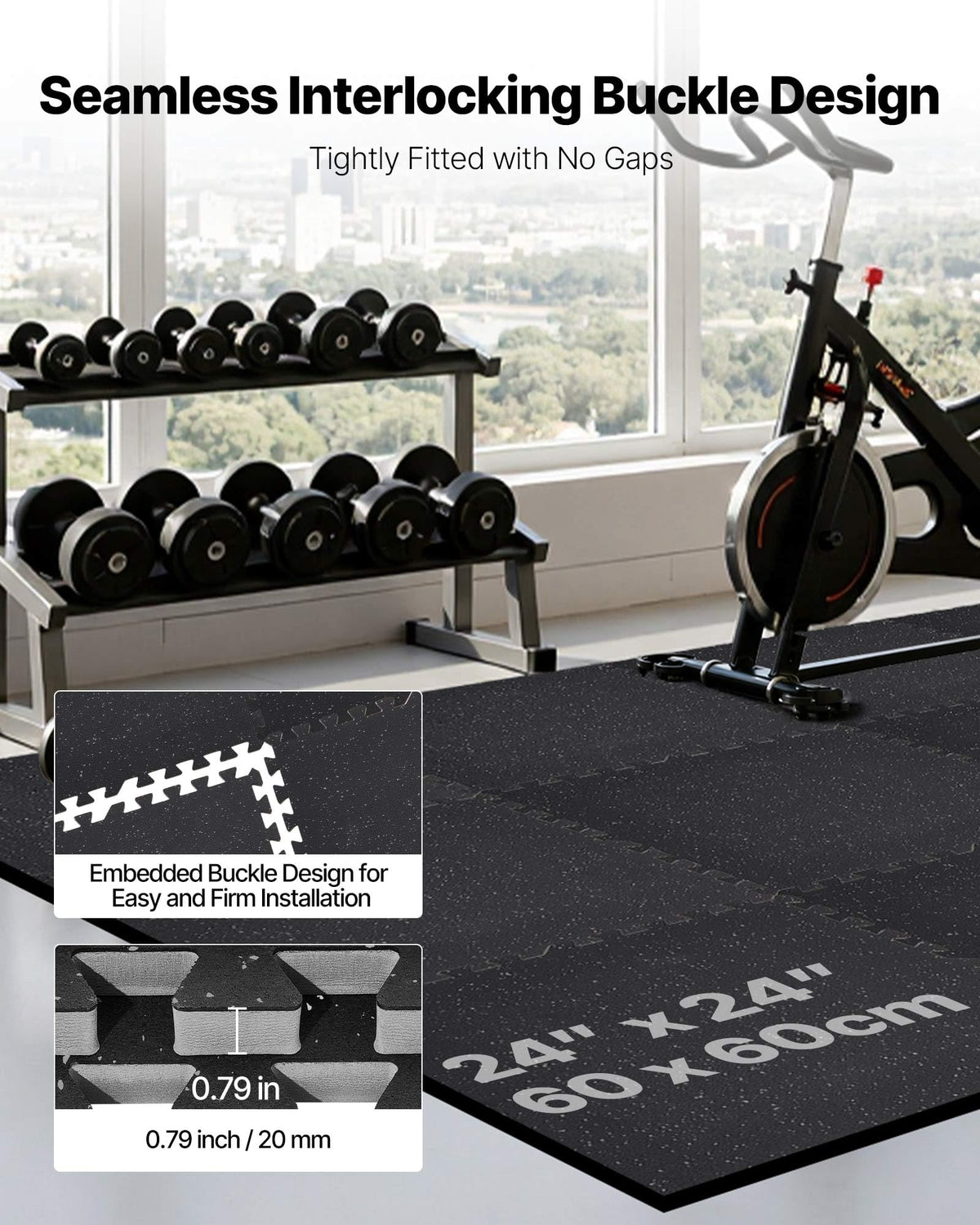 VEVOR 0.56Inch 48sq.ft 12 Tiles Gym Flooring for Home Gym, Rubber Top with High Density EVA Foam, 25 x 25In Gym Floor Exercise Equipment Mats, Interlocking Gym Mats, Puzzle Workout Mats, Black & Gray