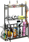 Ball Storage Rack Garage Sports Equipment Organizer with Hooks,Black