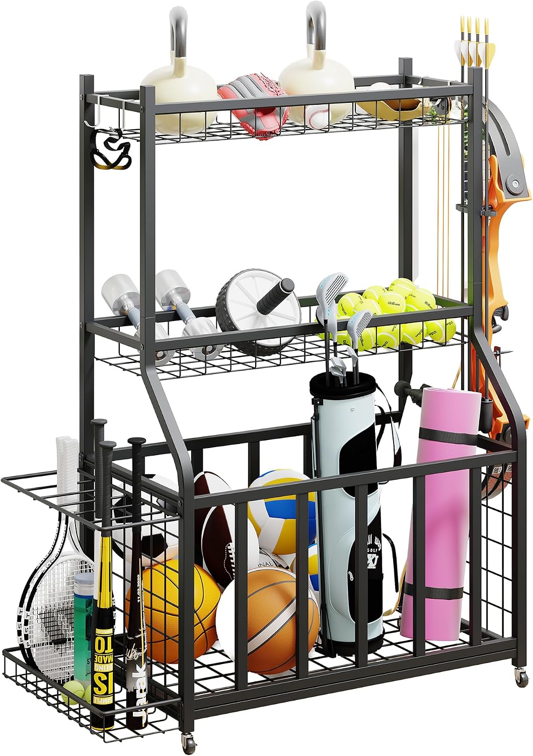 Ball Storage Rack Garage Sports Equipment Organizer with Hooks,Black