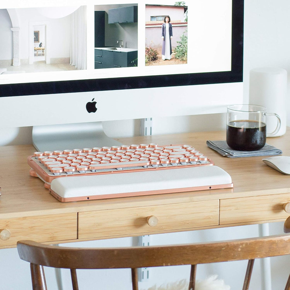 Azio Retro Compact Keyboard (Posh) - Bluetooth Wireless/USB Wired Vintage Backlit White Leather Mechanical Keyboard with Arm Rest for Mac and PC (MK-RCK-L-02-US)