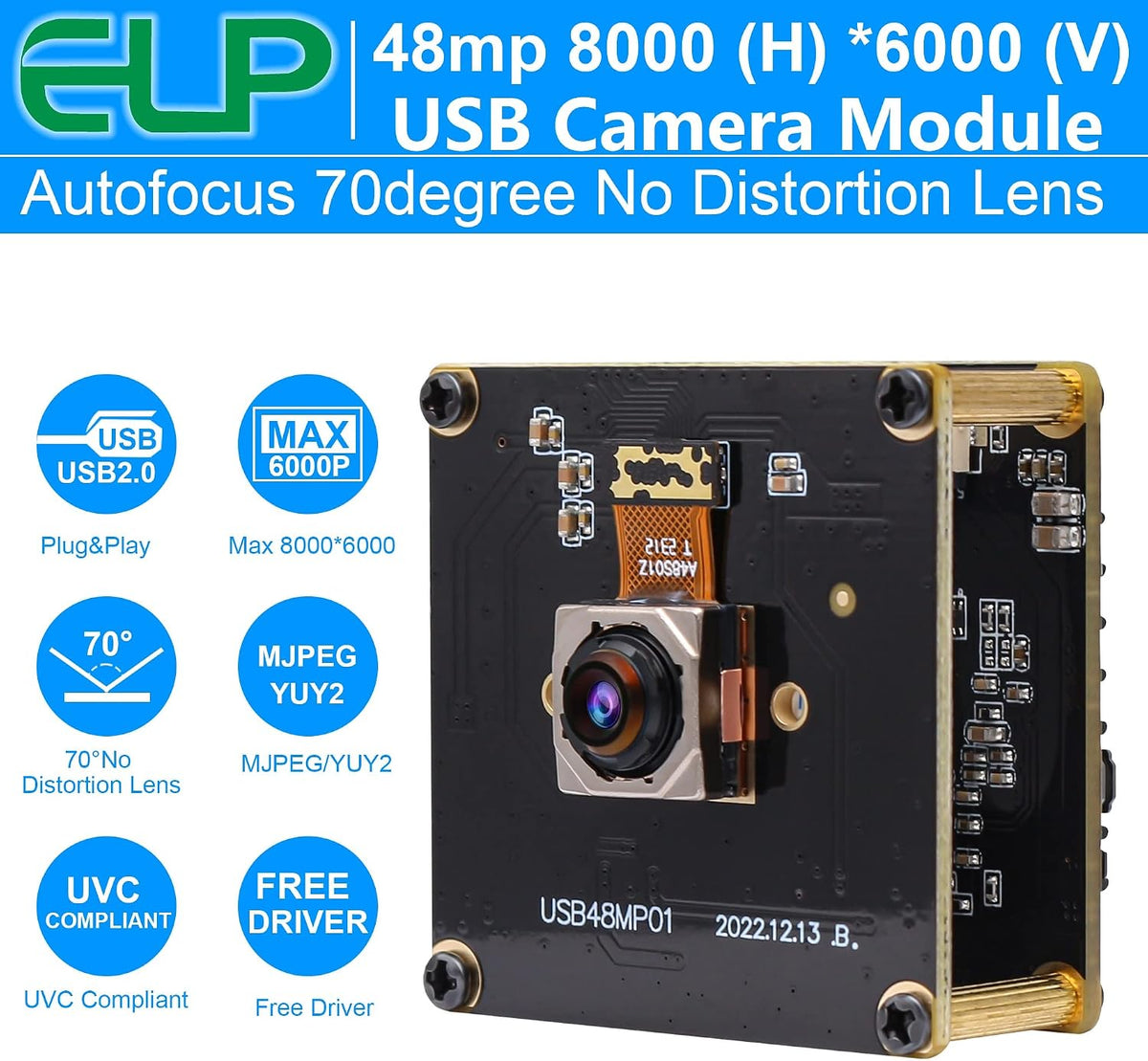 ELP 48MP Fast Autofocus USB Camera Module with 70degree No Distortion Lens for Computer Mini UVC USB2.0 Industrial Webcam Board 8000 * 6000 USB with Camera for Laptop PC Raspberry pi Jetson Nano