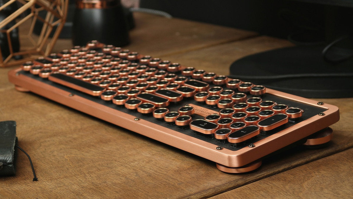 Azio Retro Classic Bluetooth Elwood - Bluetooth Luxury Vintage Backlit Mechanical Keyboard (Blue Switch, Walnut Wood, Gunmetal Matte Frame)(MK-RETRO-W-BT-01-US)