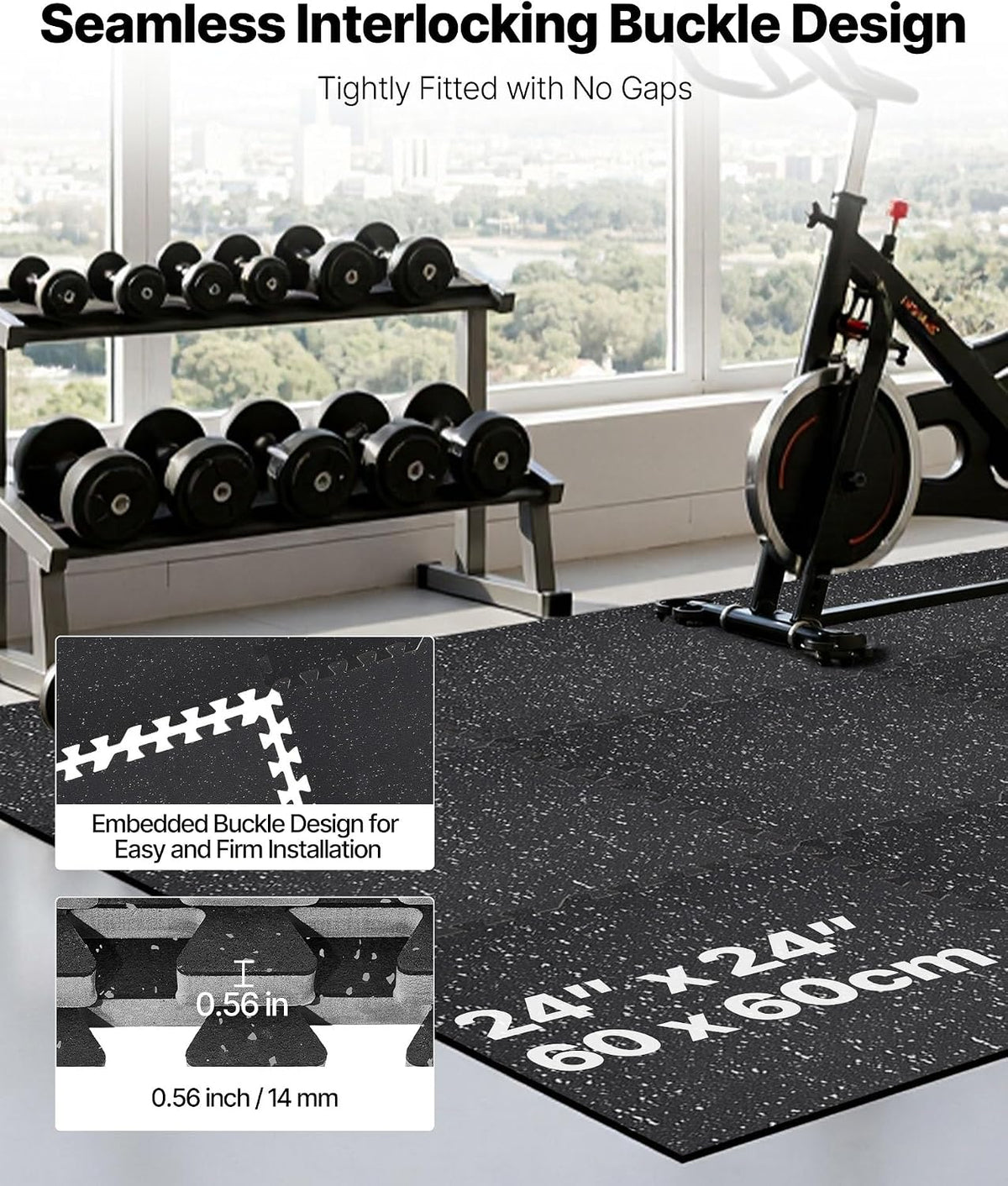 VEVOR 0.56Inch 96sq.ft 24 Tiles Gym Flooring for Home Gym, Rubber Top with High Density EVA Foam, 24 x 24In Gym Floor Exercise Equipment Mats, Interlocking Gym Mats, Puzzle Workout Mats, Black & Gray
