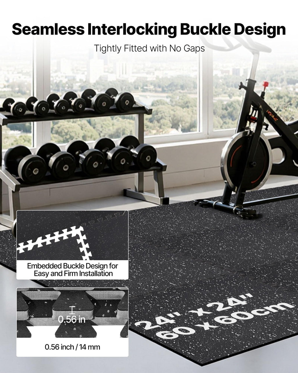 VEVOR 0.56Inch 96sq.ft 24 Tiles Gym Flooring for Home Gym, Rubber Top with High Density EVA Foam, 24 x 24In Gym Floor Exercise Equipment Mats, Interlocking Gym Mats, Puzzle Workout Mats, Black & Gray