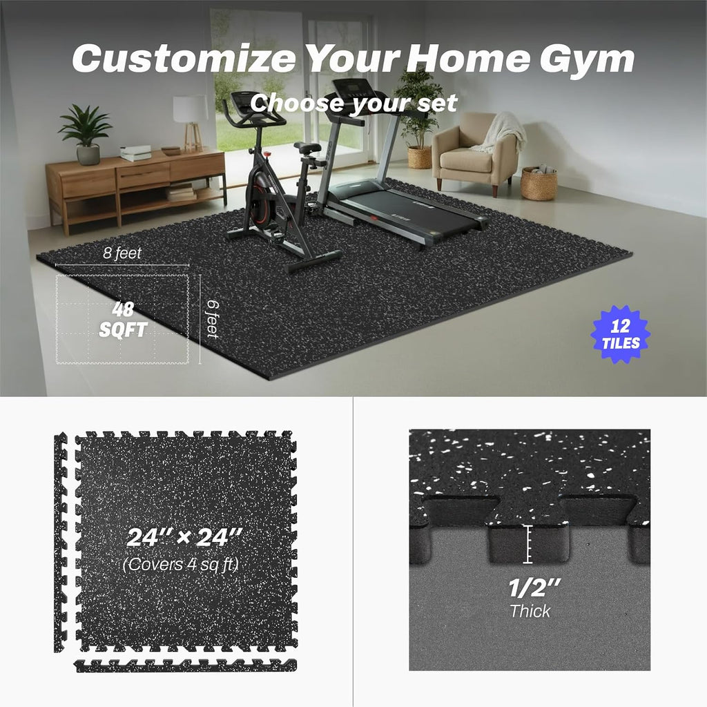 AIRHOP 1/2" Thick 48 Sq Ft Gym Flooring for Home Gym, Rubber Top Gym Mats