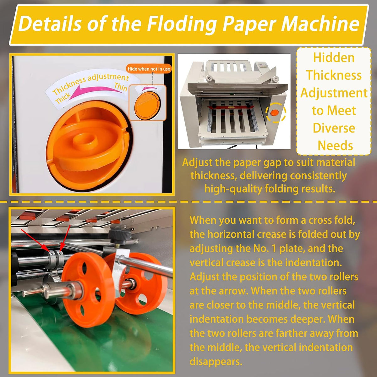 Automatic Paper Folding Machine 110V Commercial Desktop Paper Folder Cross Fold & Stepless Speed Control with Digital Sheet Counter Rubber Feed Roller for Business Letters Manuals Documents