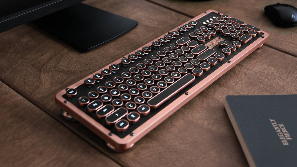 Azio Retro Classic Bluetooth Elwood - Bluetooth Luxury Vintage Backlit Mechanical Keyboard (Blue Switch, Walnut Wood, Gunmetal Matte Frame)(MK-RETRO-W-BT-01-US)