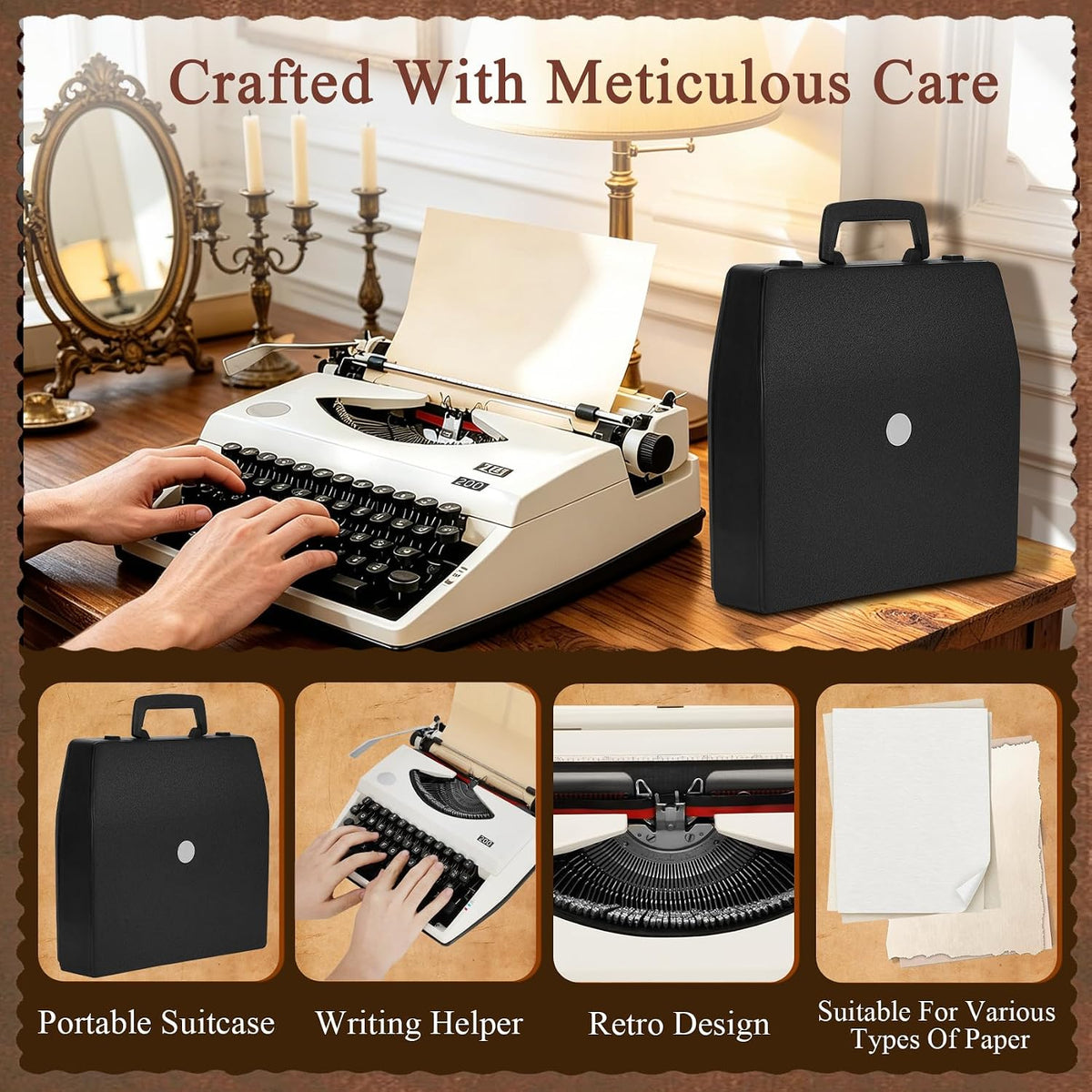 Manual Typewriter with Ribbon, Mechanical Retro Portable Typing Machine