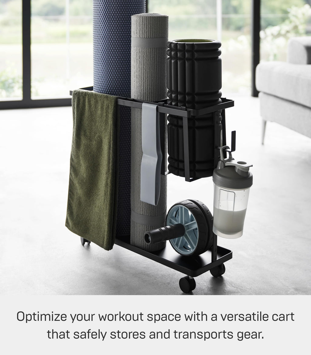 YAMAZAKI Home Rolling Fitness Rack with Adjustable Holder and Hooks, White