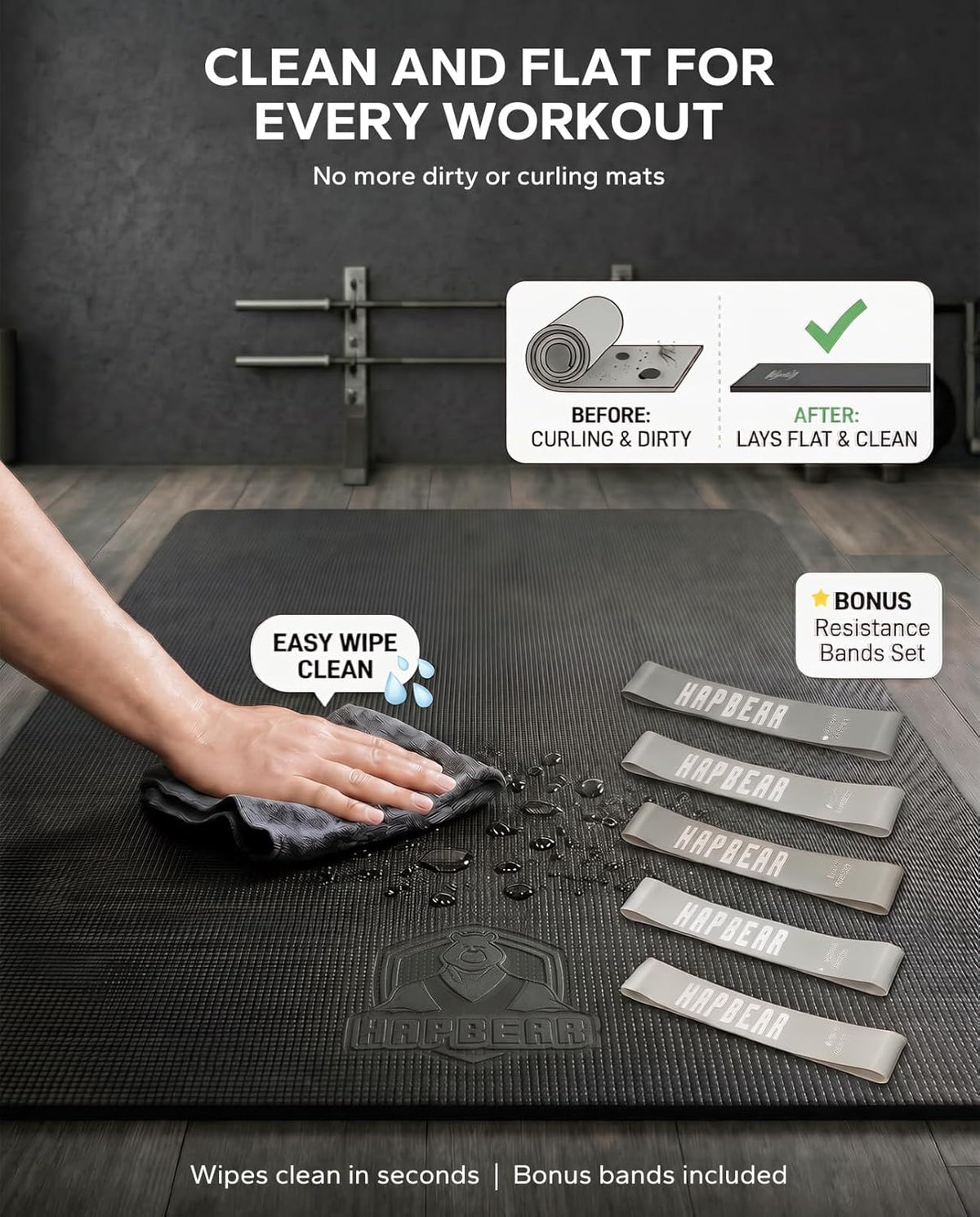 HAPBEAR Large Exercise Mat-6'x4'/7'x5'/6'x8'/6'x9'/6'x10'/6'x12'x 1/3"(8mm)