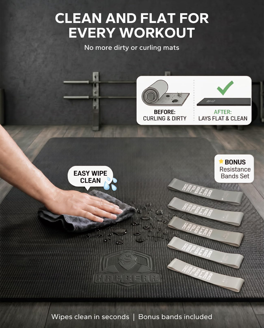 HAPBEAR Large Exercise Mat-6'x4'/7'x5'/6'x8'/6'x9'/6'x10'/6'x12'x 1/3"(8mm)